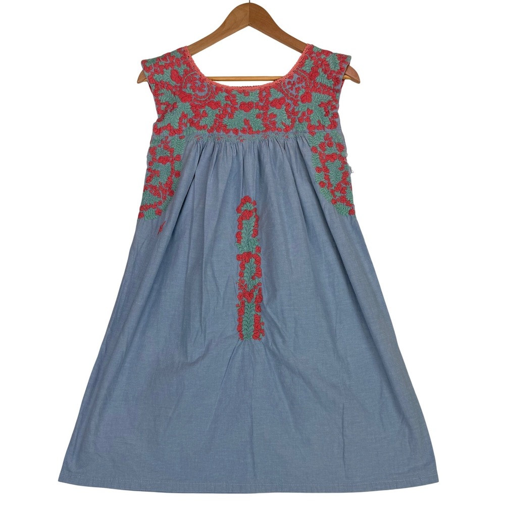 Mi Golondrina‎ Flores Chambray Floral Embroidered Shift Mini Dress *READ* Sz XS